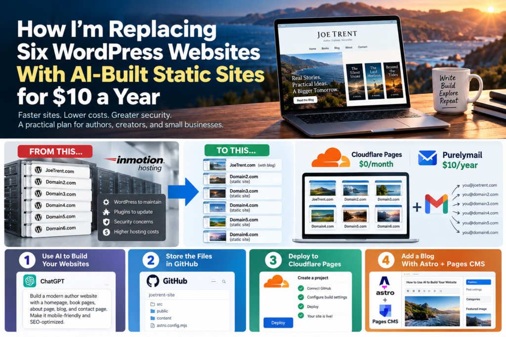 Workflow for building static websites with ChatGPT, GitHub, Cloudflare Pages, Astro, and Purelymail.