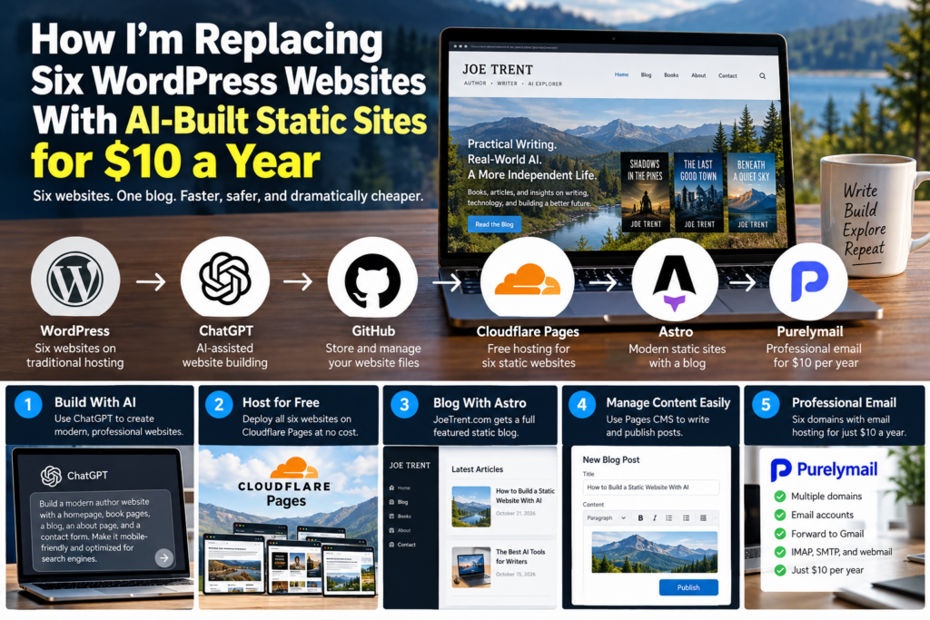 Six WordPress websites being replaced with AI-built static websites using Cloudflare Pages and inexpensive email hosting.
