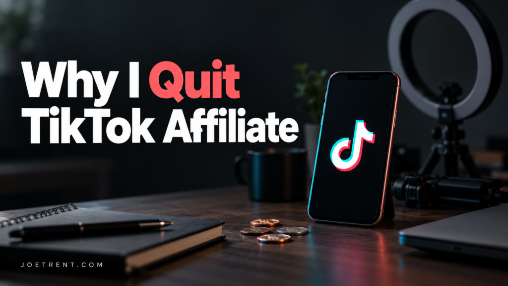 Why I Quit TikTok Affiliate graphic with a smartphone, an unlit ring light, and a few coins on a desk.